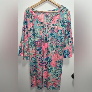 Lilly Pulitzer Del Lago Serene Gypsea Mini Dress Beachy Tassels Fish Sea Size M